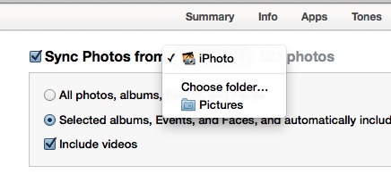 iTunes 11 sync photos menu