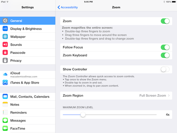 iPad zoom settings screen
